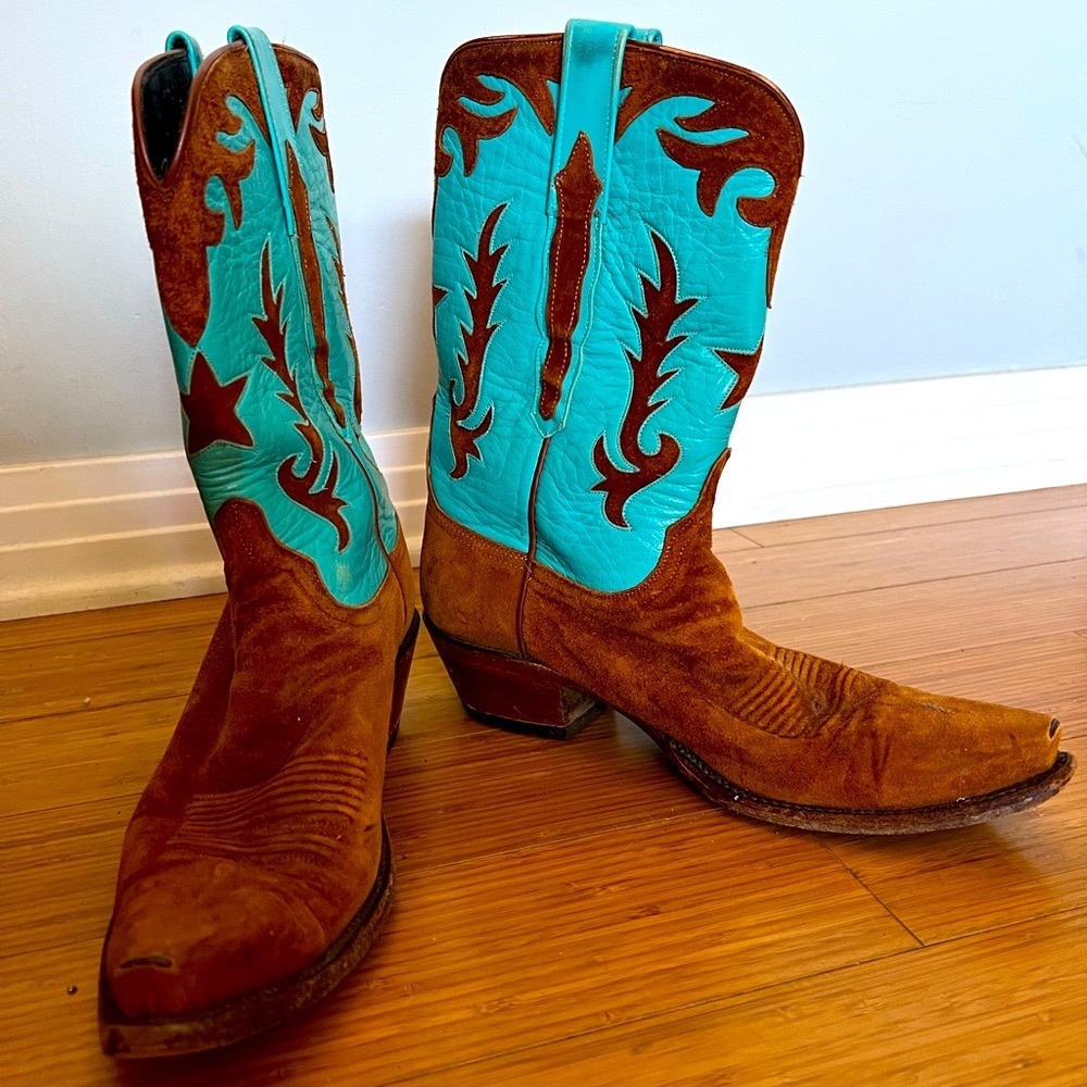 LUCCHESE Handmade Aqua and Brown Cowboy Boots Women’s Size 8.5 (Vintage)